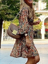 economico Abiti boho-Per donna Mini abito Abito casual Abito linea A Abito boho Vintage Etnico Informale Giornaliero Standard Floreale Manica lunga A V Marrone Estate Primavera Autunno