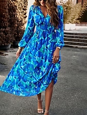 preiswerte Lässige Blumenkleider-Damen Maxidress Casual kleid Schaukelkleid A Linie Kleid Brautkleider schlicht Täglich Regular Fit Blumen Langarm V Ausschnitt Rote Blau Aprikose Sommer Frühling Herbst