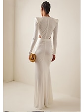abordables BLANC-Robe de soirée sirène  trompette robe élégante invitée de mariage longueur de sol manches longues décolleté en V nylon avec cristaux