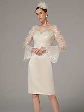 preiswerte Teelänge-Sheath Kleid Mutter der Braut Kleid Elegantes Vintage Luxuriös Juwelen-Hals Knie-Länge Satin Spitze Langarm Tee-Länge mit Applikationen