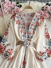 abordables Robes Bohémiennes-Femme Robe mi-longue Robe casual Robe Évasée Robe Trapèze robe boheme Rétro Vintage Décontractées du quotidien Standard Floral manche longue Col V Bleu de minuit Beige Printemps Automne