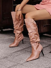 olcso Slouch Boots-női, ezüst színű, domború térdig érő csizma – stílusos hegyes orrú csizma tűsarkúval a divatos megjelenésért