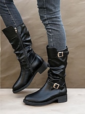 olcso Slouch Boots-fekete, lábszárközépig érő, lenge női csizma krokk-dombornyomott részletekkel és arany csatos díszítéssel – lezser és stílusos dizájn