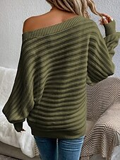 cheap Solid Colors-Women&#039;s Sweater Casual Soft Pure Color Ribbed Boat Neck Knitted Long Sleeve Regular Tops Knit Outdoor Daily Weekend Black White Fall Winter