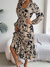 levne Elegantní květinové šaty-Dámské Midi šaty Volnočasové šaty Swingové šaty Áčkové šaty Na běžné nošení Denní Běžný Květinový Dlouhý rukáv Do V Fialová Trávová zelená Khaki Léto Jaro Podzim