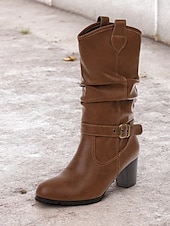 olcso Slouch Boots-barna, térdig érő női csizma csatos részletekkel és blokksarkúval – klasszikus és sokoldalú lábbeli hétköznapi és őszi ruhákhoz