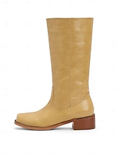 levne Cowboy &amp; Western Boots-dámské hnědé westernové kovbojské boty z umělé kůže - výška do půl lýtek s naskládaným podpatkem pro ležérní outfity a outfity ve venkovském stylu