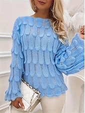 cheap Solid Colors-Women&#039;s Sweater Casual Soft Pure Color Ribbed Crew Neck Knitted Long Sleeve Regular Tops Knit Outdoor Daily Weekend Blue Fall Winter