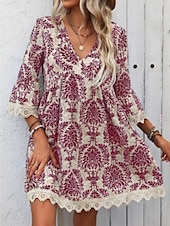 preiswerte Ausgefallene Kleider-Damen Minikleid Casual kleid Boho-Kleid Brautkleider schlicht Täglich Regular Fit Blumen 3/4 Ärmel V Ausschnitt Wein Blau Grün Sommer Frühling Herbst