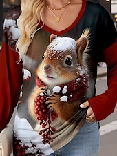 abordables Camiseta de Animales-Camiseta de mujer con estampado casual, manga larga, cuello en V, para uso diario, color rojo, para primavera y otoño