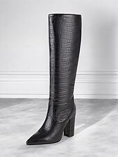 preiswerte Modische Stiefel-burgunderfarbene kniehohe Stiefel mit Krokoprägung für Damen – stylische Stiefel mit spitzer Spitze und Blockabsatz für die Herbst- und Wintermode
