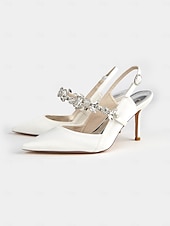 economico cocktail-scarpe col tacco da donna in raso bianco con cinturino posteriore e decorazioni in strass – eleganti scarpe a punta per matrimoni e occasioni formali