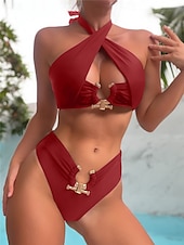 voordelige Bikinisets-Dames Zwemkleding Bikini 2 stuks Brutaal Zwempak Blote rug Hoge taille Slank Vakantie Strand Kleding Effen Kleur Halternek Mouwloos Badpakken