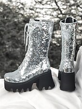 abordables Botas con plataforma-Botas de plataforma con cordones y lentejuelas para mujer: botas de tacón grueso brillantes en verde y azul para fiestas, festivales y cosplay