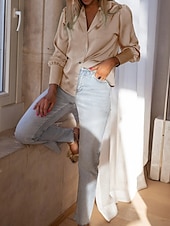 preiswerte Elegante Oberteile-Damen Hemd Bluse Feste Farbe Basic Brautkleider schlicht Langarm Hemdkragen Normale Oberteile Täglich Knopf Schwarz Blau Beige Herbst Winter