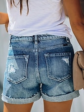 halpa Denim shortsit-Naisten Normaali Farkut Rento arki Lyhyt Korka vyötärö Yhtenäinen väri Tilkkutäkki Mukava Hengitettävyys Pehmeä Mikrojoustava ulko- Katu Sininen Kesä Normaali