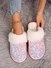 preiswerte Damenslipper &amp; Flip-Flops-Schwarze, mit Pailletten und Fell gefütterte Damen-Hausschuhe mit mehrfarbigem Glitzer und bequemer Sohle – ideal für Luxus und Wärme in Innenräumen