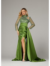 preiswerte GRÜN-Meerjungfrau Abendkleid Elegantes Kleid Formelle Sweep  Brush Train Lange Ärmel Hoher Hals Satin mit Perlen Pailletten