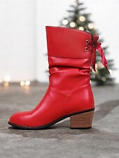 olcso Slouch Boots-piros műbőr lábszárközépig érő női csizma masnival és blokksarkúval – ünnepi téli lábbeli karácsonyra és bulikra
