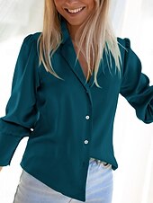 preiswerte Elegante Oberteile-Damen Hemd Bluse Feste Farbe Basic Brautkleider schlicht Langarm Hemdkragen Normale Oberteile Täglich Knopf Schwarz Blau Beige Herbst Winter