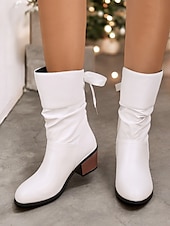 olcso Slouch Boots-piros műbőr lábszárközépig érő női csizma masnival és blokksarkúval – ünnepi téli lábbeli karácsonyra és bulikra