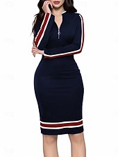 olcso Bodycon Club Dresses-Női Munkaruha Váltó ruha Elegáns Iroda Napi Midi ruha Kollázs Állógallér Hosszú ujj Sima Normál Rubin Sötétkék Tavasz Ősz S M L XL 2XL