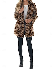 abordables Manteaux &amp; vestes-Femme Manteau d&#039;hiver Chaud Respirable Patchwork Avec poches Rétro Vintage Mode Léopard Fête / Soirée Ouvrir le devant Longue Col rabattu Standard manche longue Vêtements d&#039;extérieur Léopard Automne