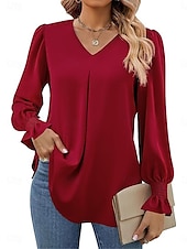 economico Top eleganti-Per donna Camicia Blusa Tinta unica Essenziale Informale Manica lunga A V Top regolari Giornaliero Rosso Fucsia Cachi Autunno Inverno