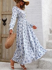 preiswerte Ausgefallene Kleider-Damen Maxidress Casual kleid Schaukelkleid A Linie Kleid Boho-Kleid Brautkleider schlicht Täglich Regular Fit Blumen Langarm V Ausschnitt Schwarz Weiß Grün Sommer Frühling Herbst