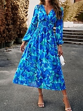 preiswerte Lässige Blumenkleider-Damen Maxidress Casual kleid Schaukelkleid A Linie Kleid Brautkleider schlicht Täglich Regular Fit Blumen Langarm V Ausschnitt Rote Blau Aprikose Sommer Frühling Herbst