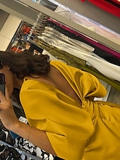 cheap YELLOW-Sheath Evening Gown Elegant Dress Formal Sweep / Brush Train Half Sleeve V Neck Satin with Pleats Ruched Crystals