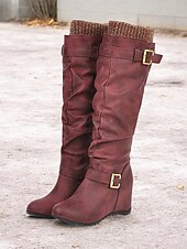 cheap Slouch Boots-Women&#039;s Distressed Tan Slouchy Knee-High Boots with Buckle Straps and Wedge Heel – Cozy Winter Boots with Knit Cuff for Casual Outfits