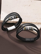 baratos Jóias Masculinas-pulseira masculina de couro trançado com detalhes em contas de metal – pulseira preta elegante de camada dupla com fecho magnético