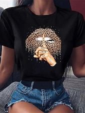 voordelige Kunst &amp; Design t-shirt-Dames T-shirt Luipaard Mond Modieus Modern Casual Korte mouw Strakke ronde hals Normale tops Dagelijks Weekend Zwart Zomer