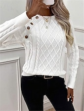 cheap Solid Colors-Women&#039;s Sweater Casual Soft Pure Color Cable Crew Neck Buttons Knitted Long Sleeve Regular Tops Knit Outdoor Daily Weekend Black White Fall Winter