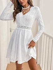 voordelige Witte kanten jurken-Dames Witte jurk Mini-jurk Kant Lapwerk Casual V-hals Lange mouw Wit Kleur