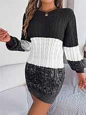 cheap Sweater Dress-Women&#039;s Sweater Sweater Dress Casual Soft Color Block Ribbed Crew Neck Knitted Long Sleeve Long Tops Knit Outdoor Daily Weekend Black Wine Fall Winter