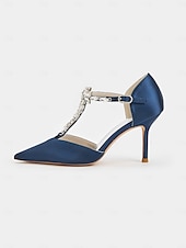abordables cocktail-Escarpins à brides en satin bleu marine pour femmes – chaussures de cocktail à bout pointu avec ornements en cristal pour mariages et soirées