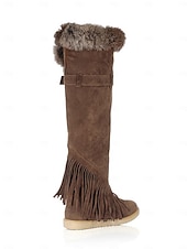 baratos Botas de neve e inverno-Botas de inverno femininas de camurça verde mocassim com forro de pele e detalhes de franjas – botas de neve confortáveis na altura do joelho para o tempo frio