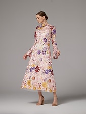 cheap Floor Length-A-Line Dress Beach Wedding Mother of the Bride Dress Elegant High Neck Ankle Length Tulle Long Sleeve Floor Length with Embroidery Flower