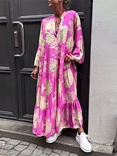 abordables Robes de vacances-robe longue à fleurs pour femmes, col fendu, manches longues, été, printemps