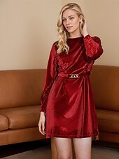 economico vestito da festa-Mini abito girocollo in velluto a maniche lunghe