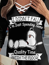 cheap Humor&amp;Quotes tee-Women&#039;s T Shirt Dog Letter Casual Long Sleeve V Neck Regular Tops Daily Cut Out Print Black and White Fall Winter