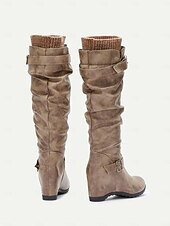cheap Slouch Boots-Women&#039;s Distressed Tan Slouchy Knee-High Boots with Buckle Straps and Wedge Heel – Cozy Winter Boots with Knit Cuff for Casual Outfits