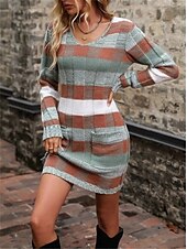 preiswerte Strickkleider-Damen kariertes Maxikleid mit V-Ausschnitt, lange Ärmel, Frühling/Herbst