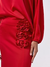 economico Women&#039;s Sets-Set di due pezzi per invitati al matrimonio in raso, collo slash floreale, maniche a Giulietta, gamba larga