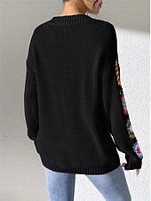 economico Motivi grafici e dettagli-Per donna Felpa Informale Morbido Floreale Uncinetto A V Lavorato a maglia Manica lunga Top regolari Maglia Esterno Giornaliero Fine settimana Nero Bianco Autunno Inverno