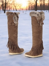 baratos Botas de neve e inverno-Botas de inverno femininas de camurça verde mocassim com forro de pele e detalhes de franjas – botas de neve confortáveis na altura do joelho para o tempo frio