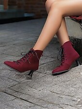cheap Vintage Boots-Women&#039;s Burgundy Lace-Up Victorian Ankle Boots – Elegant Suede Heeled Footwear for Formal Occasions and Vintage Style