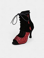 tanie Buty do tańców latynoskich-damskie sznurowane buty do tańca z odkrytymi palcami i wysokim obcasem – czerwony kwiatowy wzór z czarnym wycięciem do tańca latynoskiego i salsy